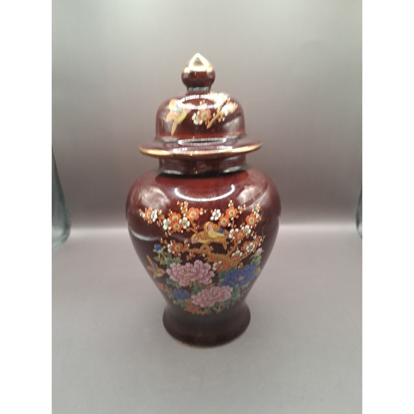 The Unbranded Brand Other - 8.5" Jar Birds Floral Porcelain Ginger Jar lid Ceramic Shiny Glaze Gold Trim